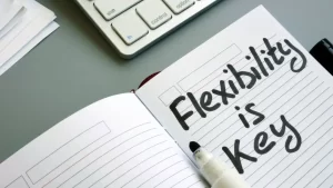 Book with writing that reads flexibility is key