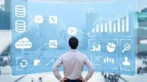 Man looking at various statistics on a digital dashboard