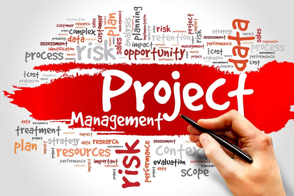 Project management word cloud showing collaboration, tasks, and risks