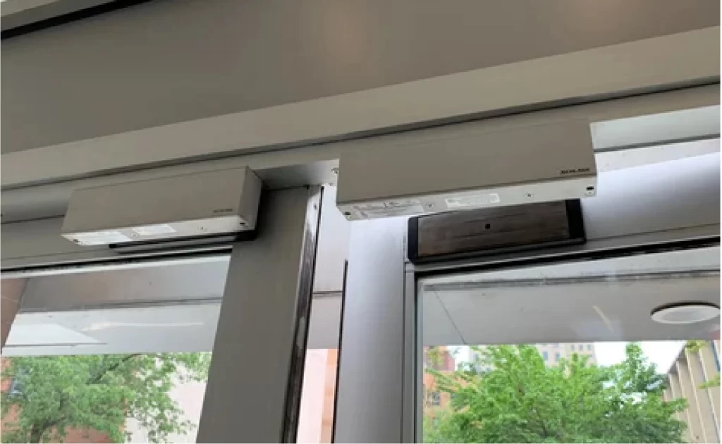 Maglocks used with biometric time and attendance system for secure door access